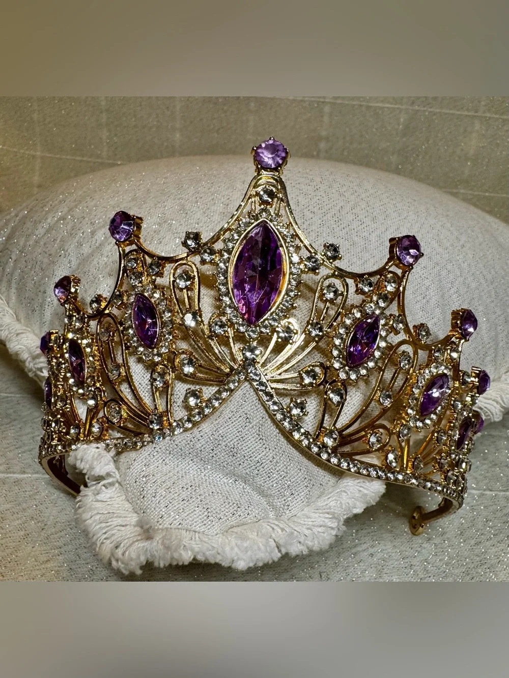 Gold Tone Purple Rhinestone Princess Tiara Crown Bridal Pageant Prom Costume